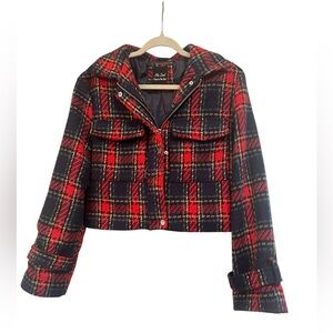 Me Jane Cropped Plaid Jacket Size XL Red Navy Zip Front